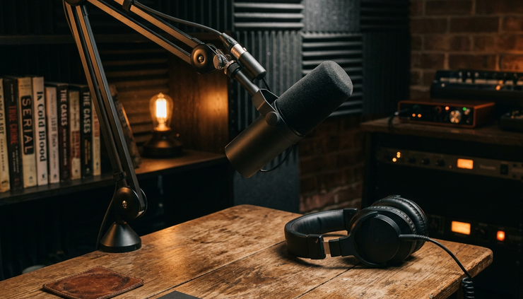 Eye-level view of a podcast microphone beside a pair of headphones