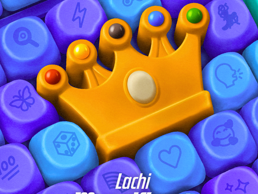 A gold crown on an illustrated board of computer keys in blue and purple representing various emojis.