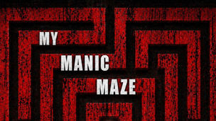 My Manic Maze album cover with a black maze on a rough red background with the words MY MANIC MAZE stacked vertically on an angle.