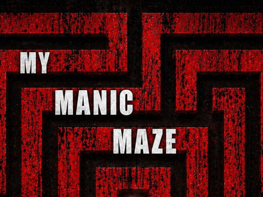 My Manic Maze album cover with a black maze on a rough red background with the words MY MANIC MAZE stacked vertically on an angle.