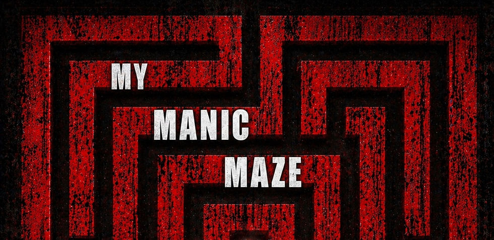 My Manic Maze album cover with a black maze on a rough red background with the words MY MANIC MAZE stacked vertically on an angle.