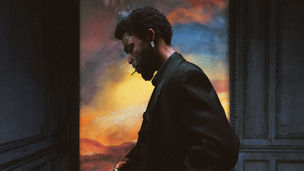 An illustration of artist Omah Lay in profile in a doorway with a multi-colored sky in the background, with a cigarette in his mouth.