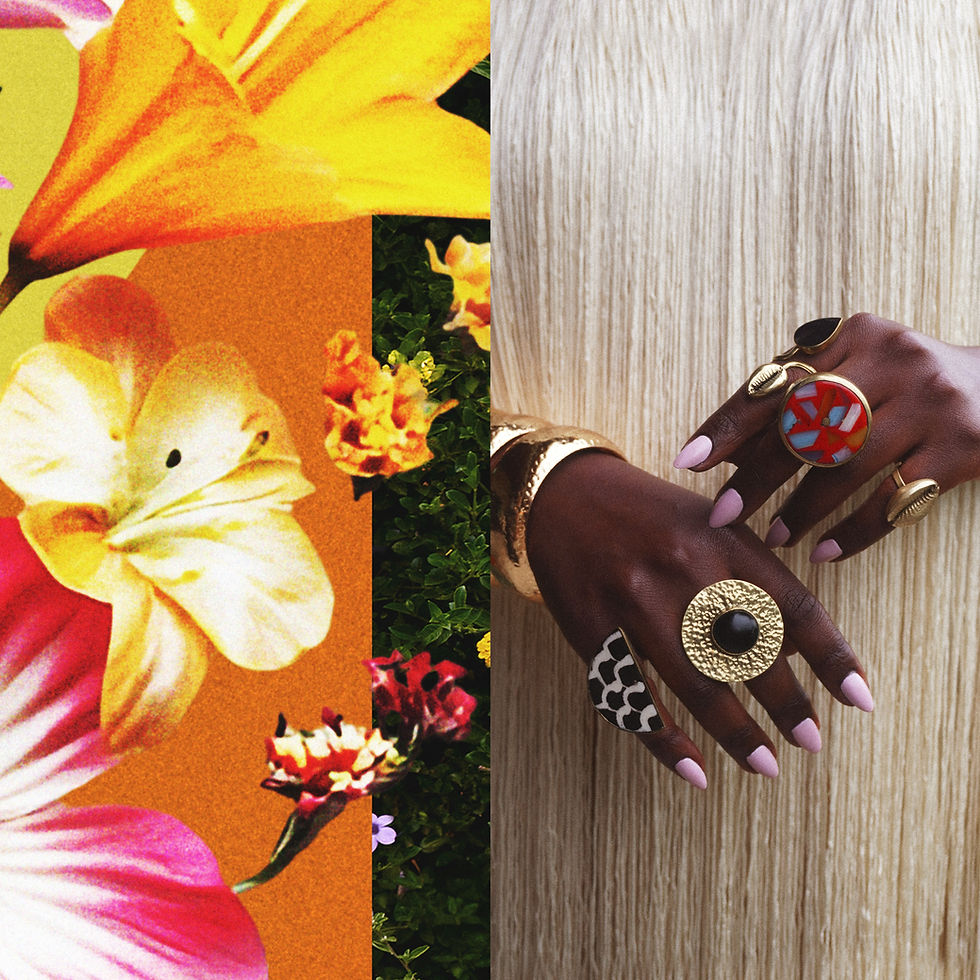 A collage of flowers on an orange and green foliage background with beautiful hands of a black woman with pink nails and rings against the background of her pleated dress.