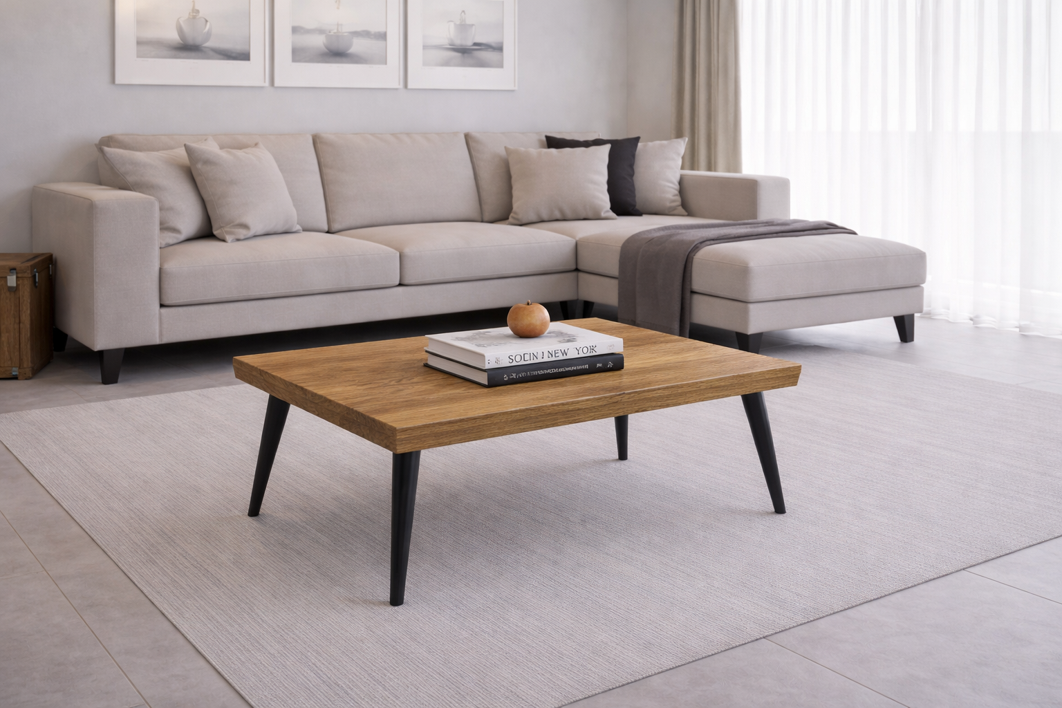 שולחנות סלון מלבניים מעץ אלון מבוקע מלא עם רגליים אלכסניות ממתכת