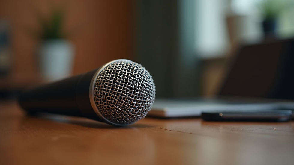 Close-up view of a microphone on a wooden table