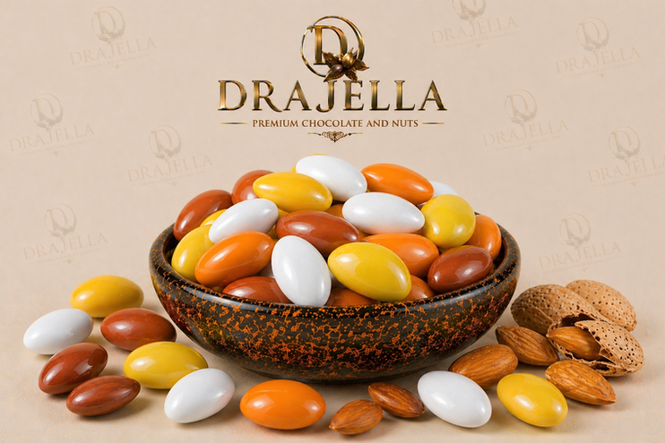 Renkli çikolata kaplamalı badem draje imalatı. Manufacturing of almond dragees coated in colorful chocolate.
