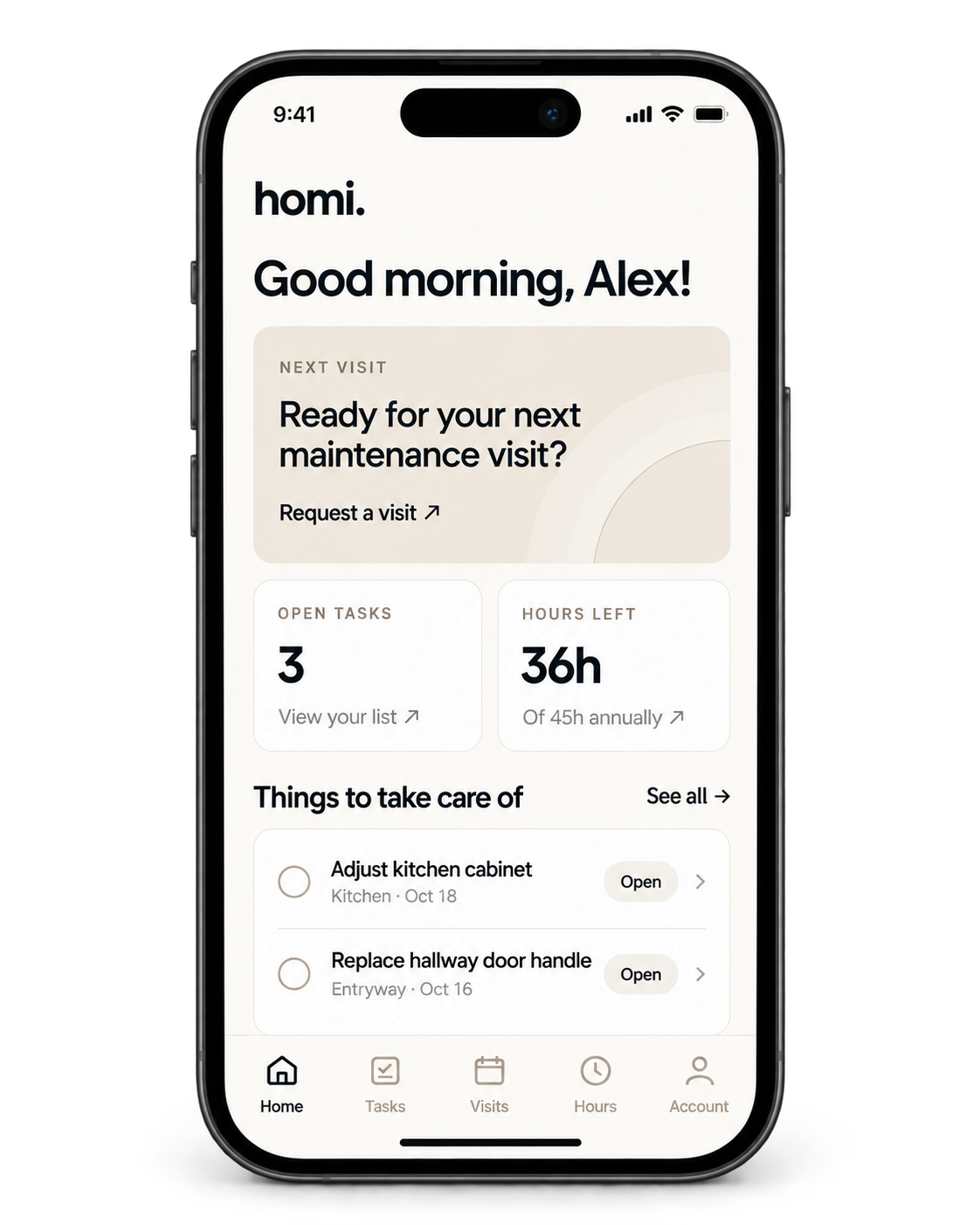 Approved Homi app dashboard prototype showing Good morning, Alex!, next visit, task list, membership hours, and bottom navigation