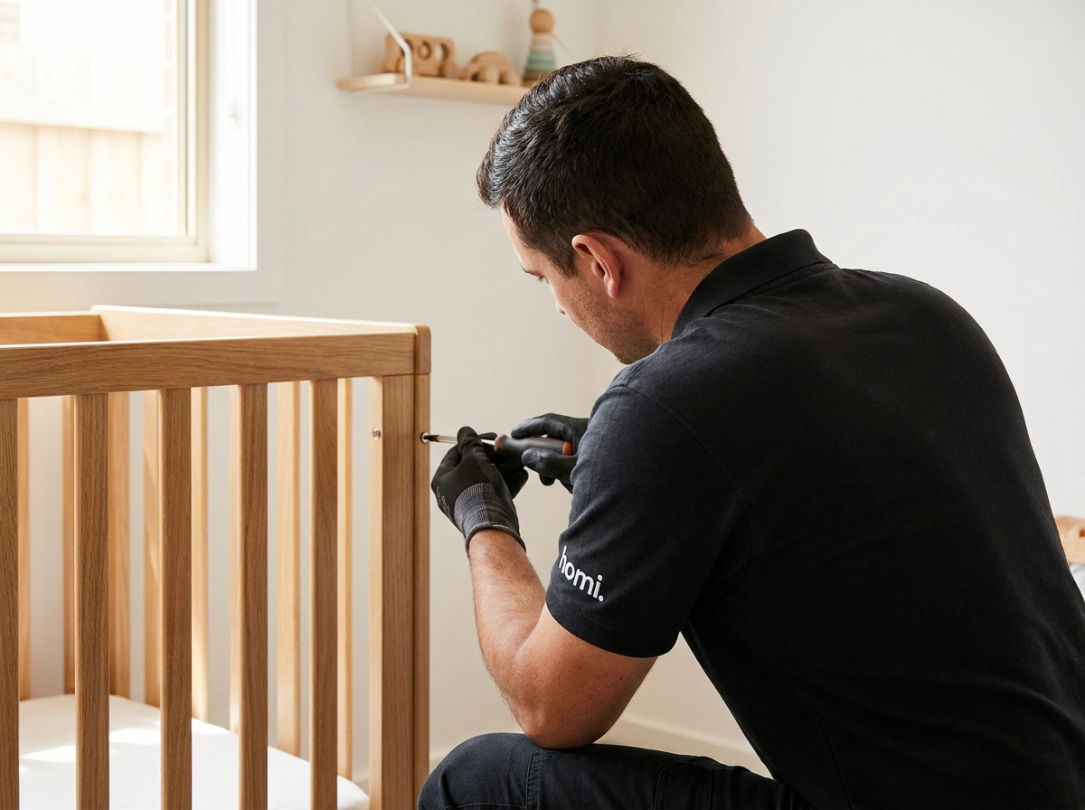 Close-up of a Homi handyman assembling a wooden baby crib with a cordless screwdriver