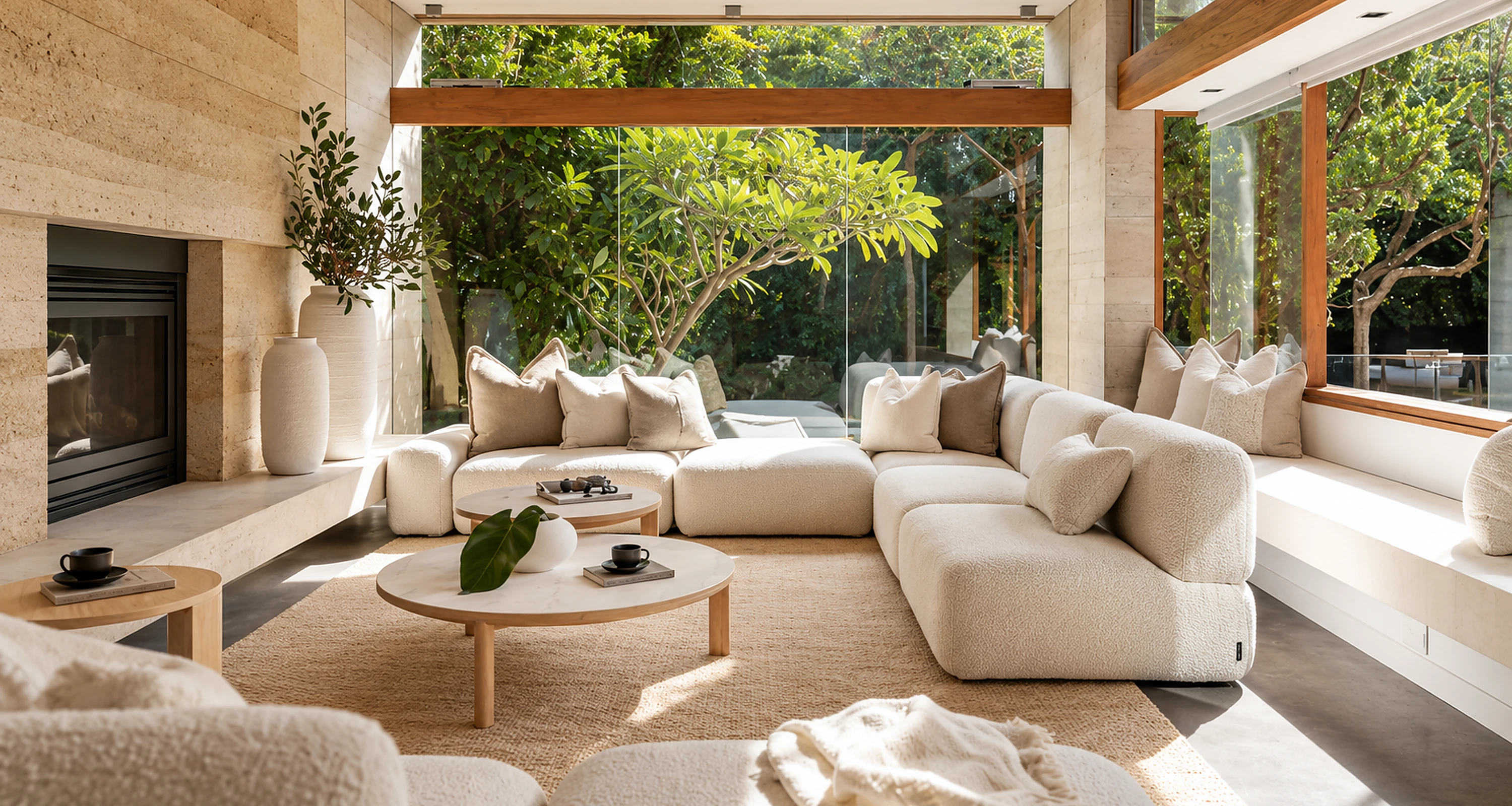 Bright contemporary living room with cream sofas, natural timber beams and views into a leafy garden