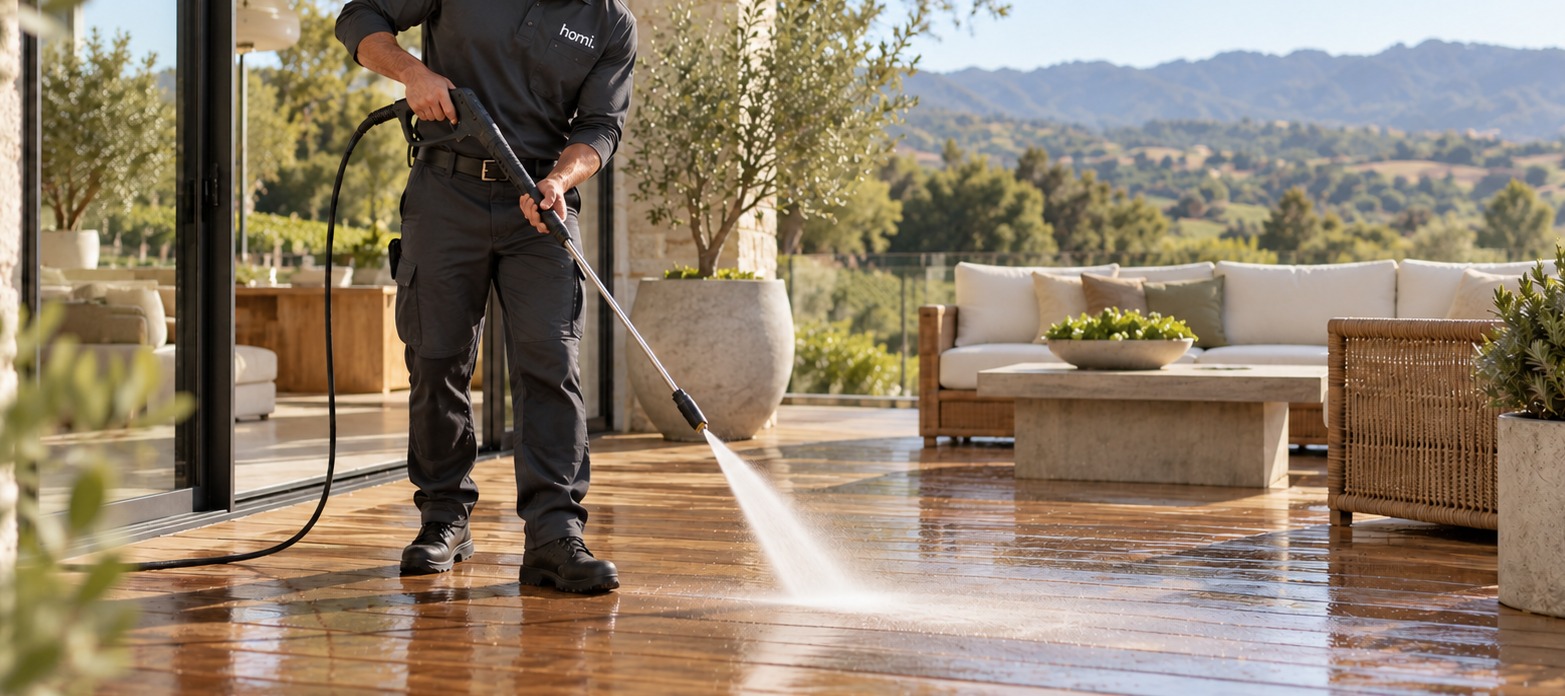 Illustrative Homi professional pressure washing a wooden deck at a modern Northern California home