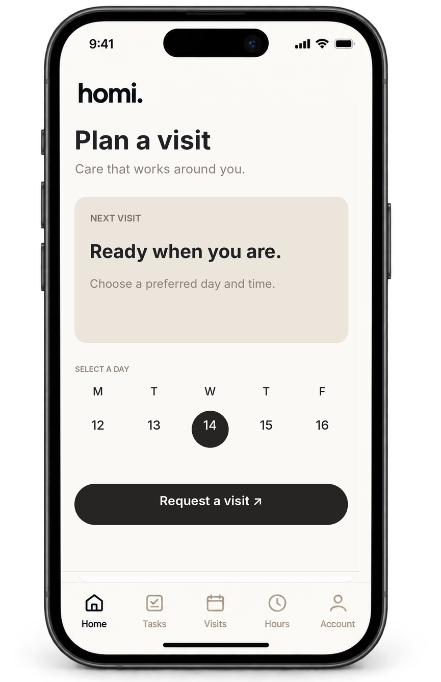Homi Plan a Visit app inside the exact approved iPhone frame, showing preferred visit dates and a request button
