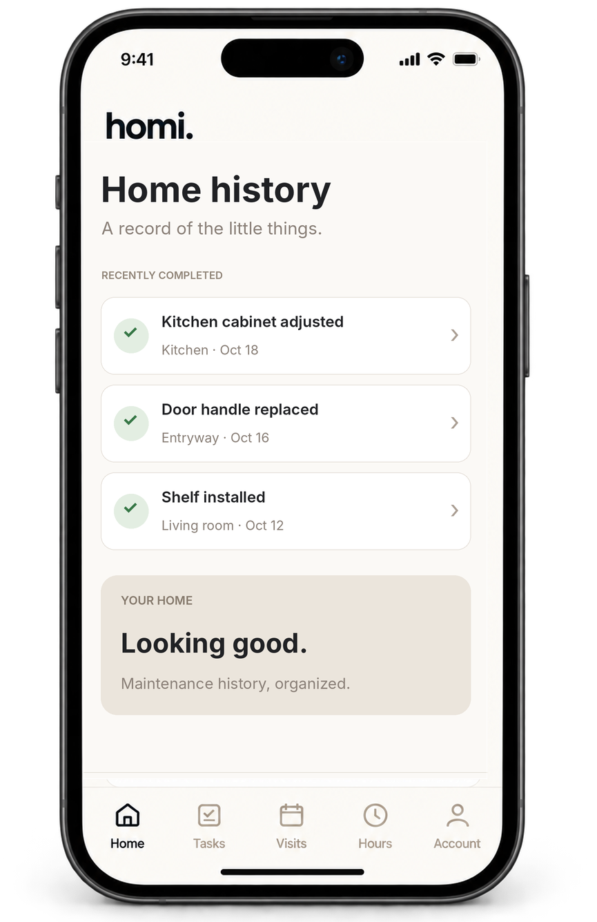 Homi Home History app inside the exact approved iPhone frame, showing completed maintenance tasks