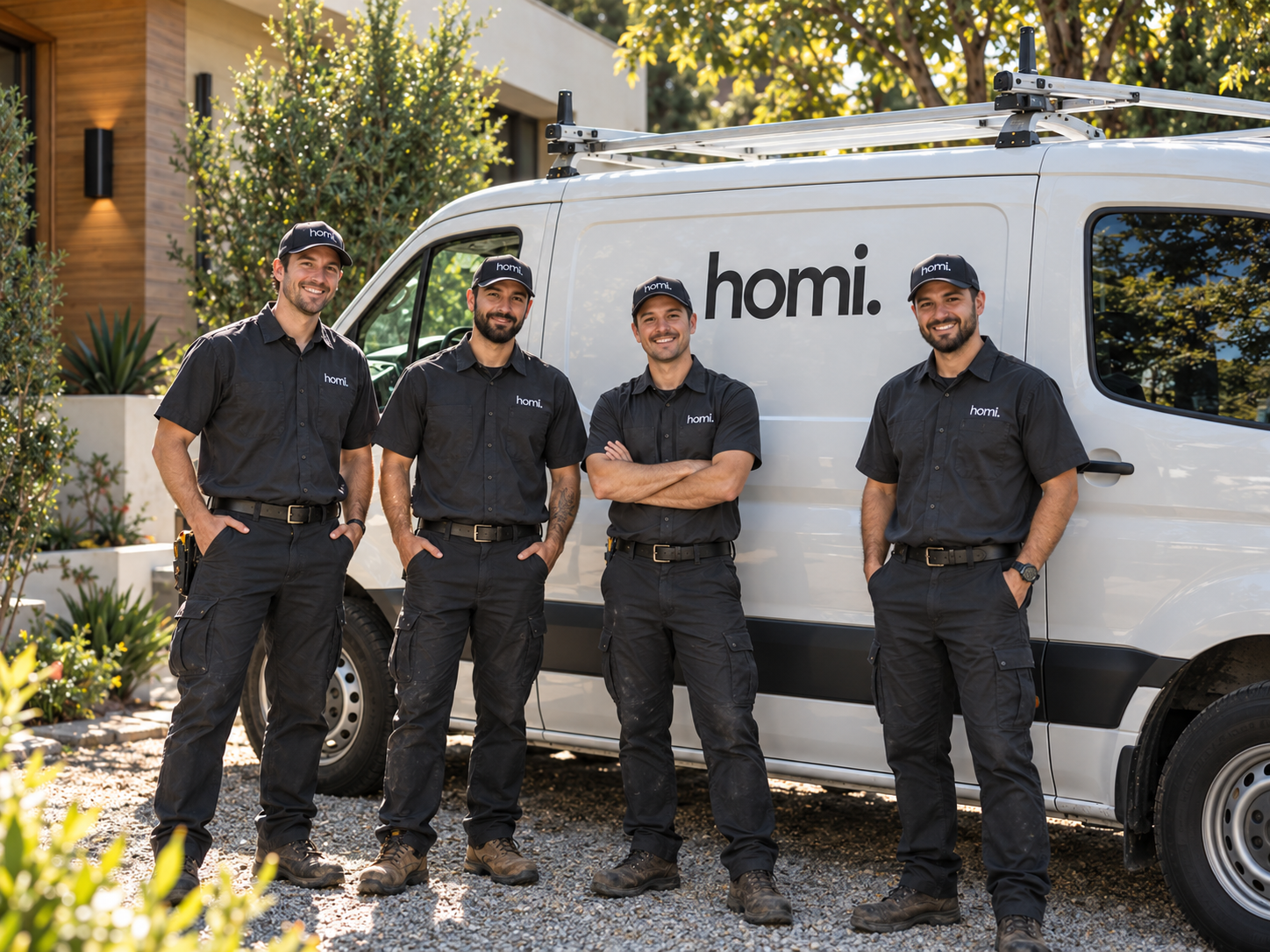 Illustrative four-person Homi home-care team standing beside a branded service van outside a residence