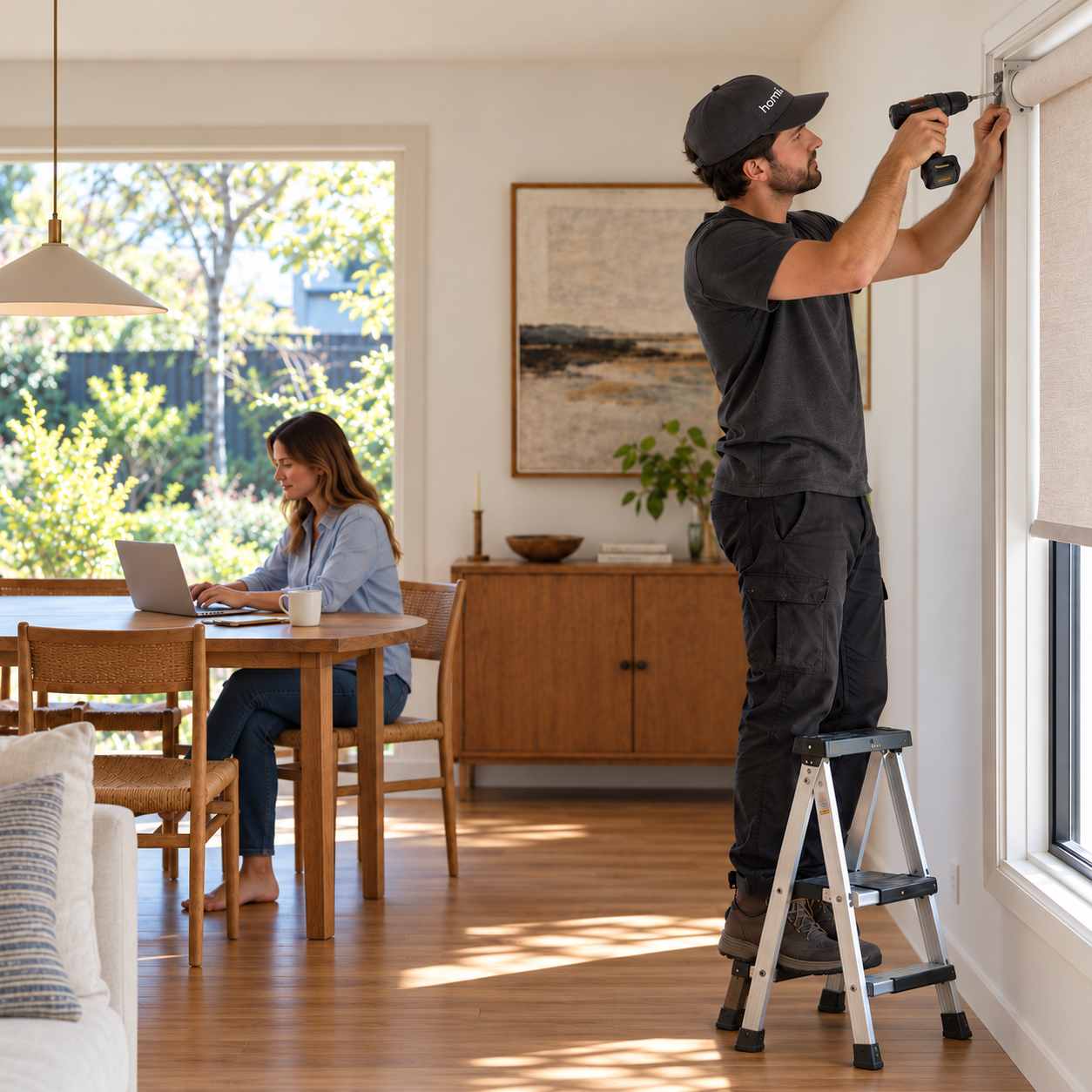 A Homi professional installs a window shade while a homeowner works nearby.