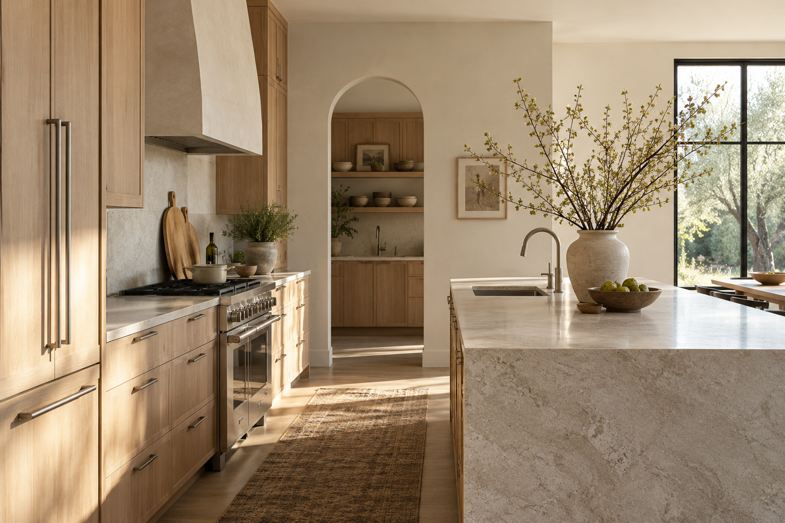 Illustrative warm oak kitchen with stone countertops and carefully finished cabinetry