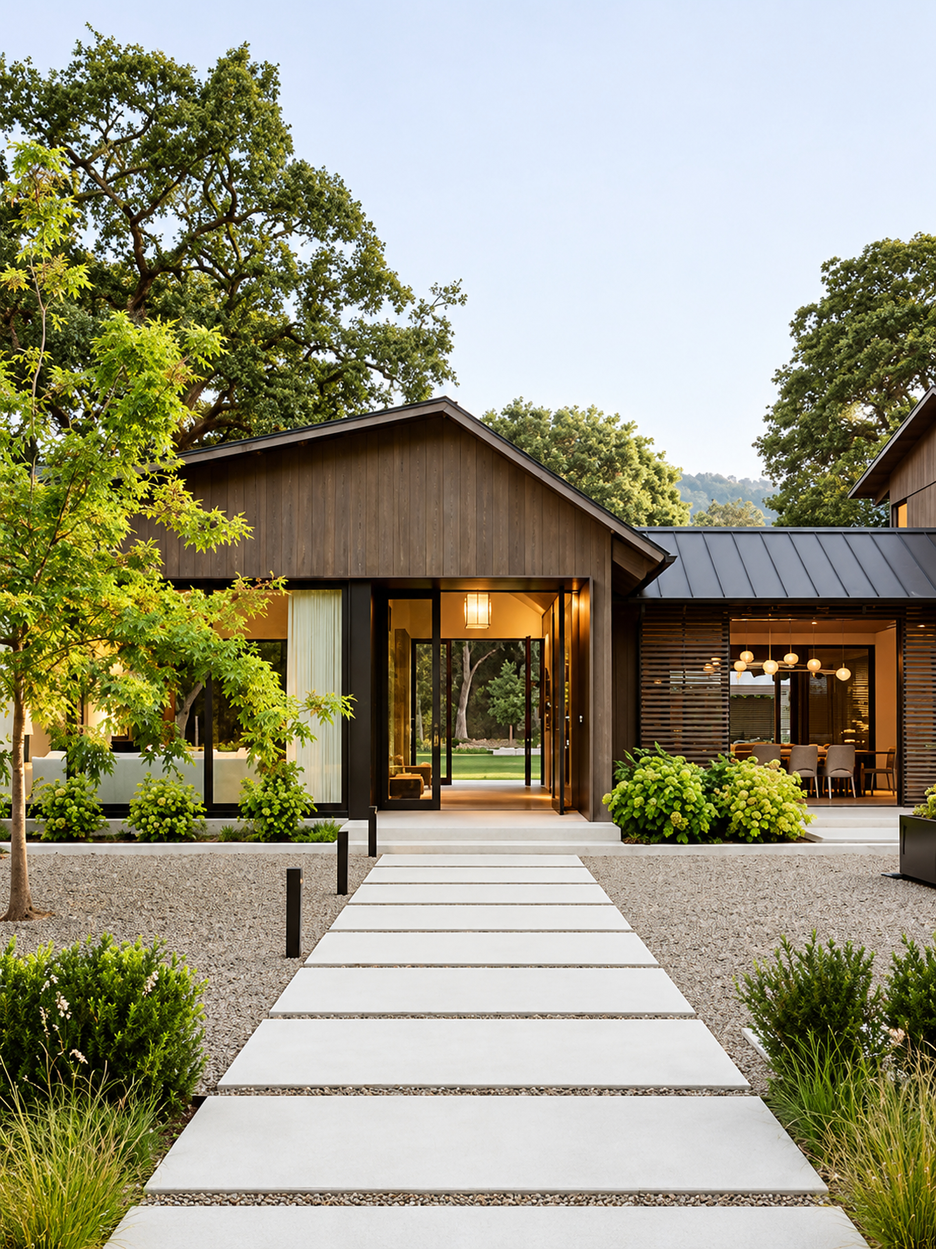 Modern wood-clad home with a straight stone walkway, mature trees and landscaped entrance