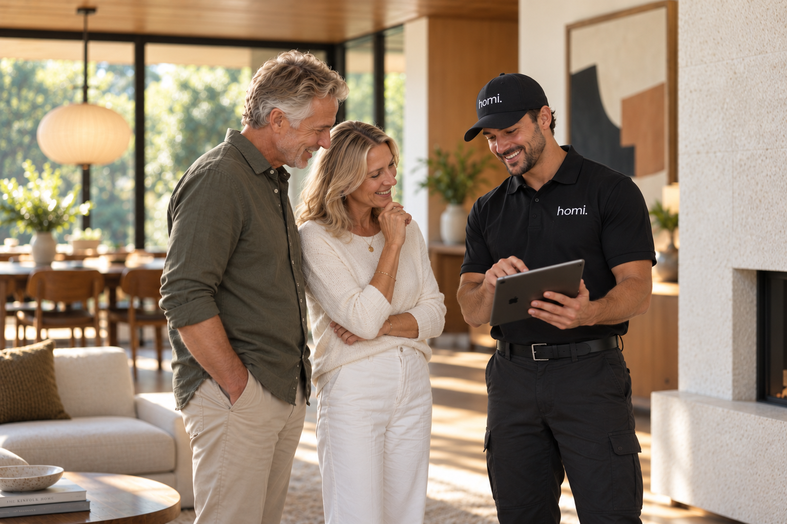 Homi professional explaining a home maintenance plan on a tablet to an older couple in a mid-century modern home