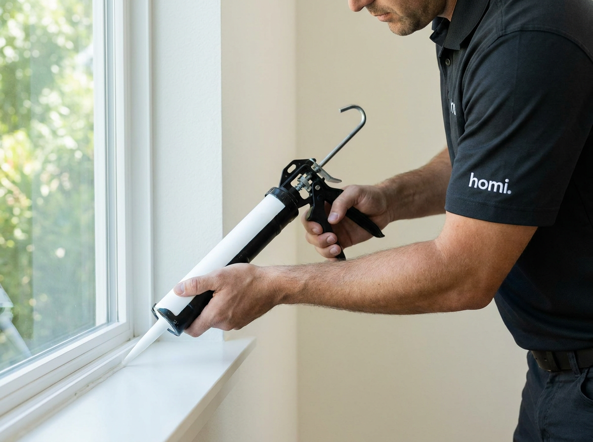 Close-up of a Homi handyman carefully sealing the bottom edge of a window frame