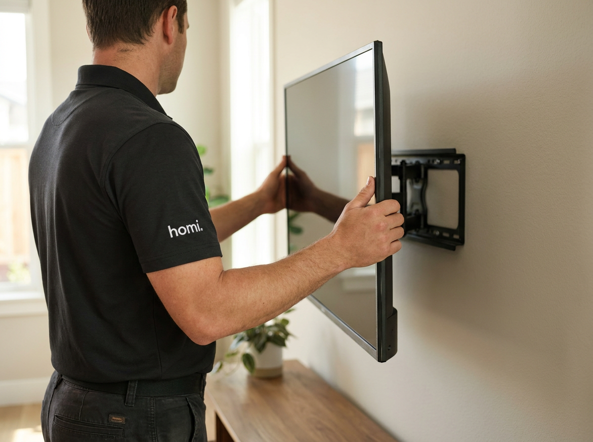 Close-up of a Homi handyman securing a flat-screen television to a wall mount