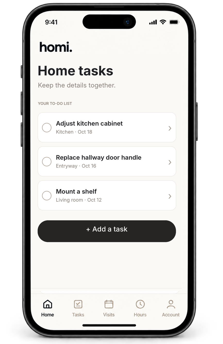 Homi Tasks app inside the exact approved iPhone frame, showing a home maintenance checklist