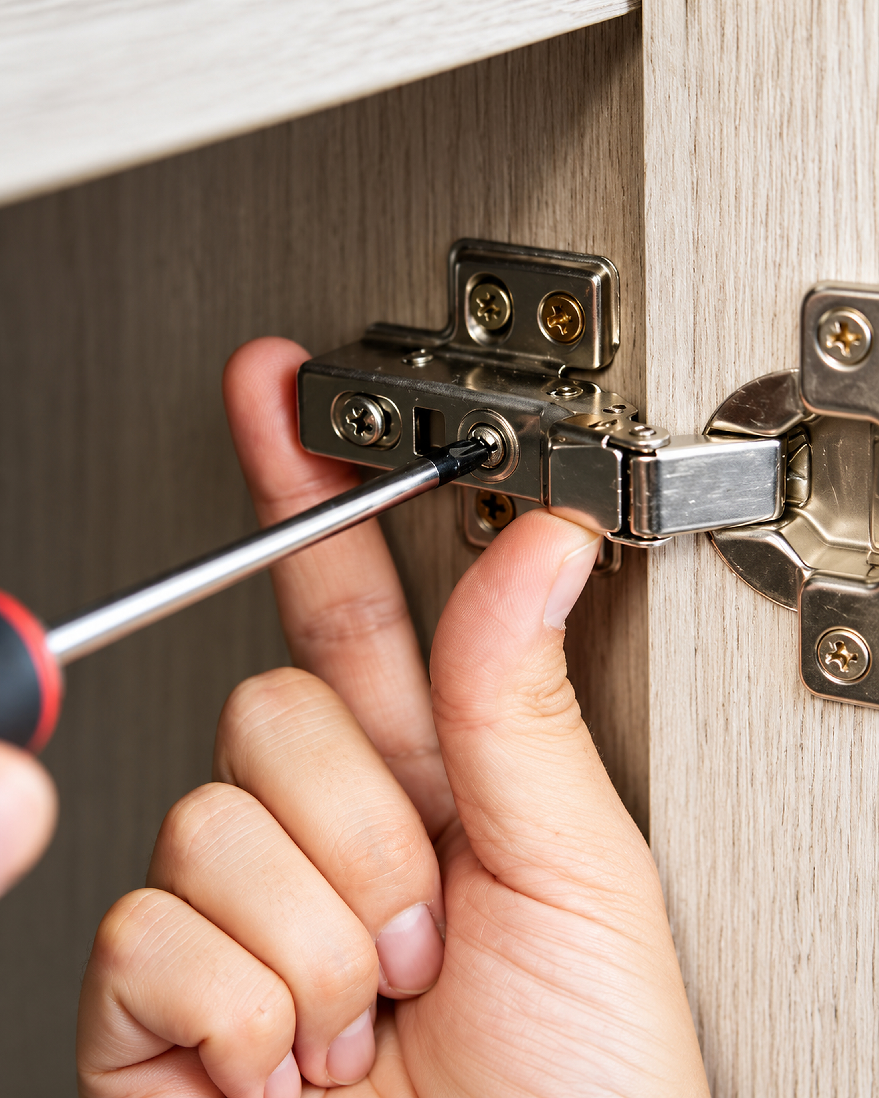 Close-up of a hand holding a cabinet hinge while adjusting its screws with a screwdriver