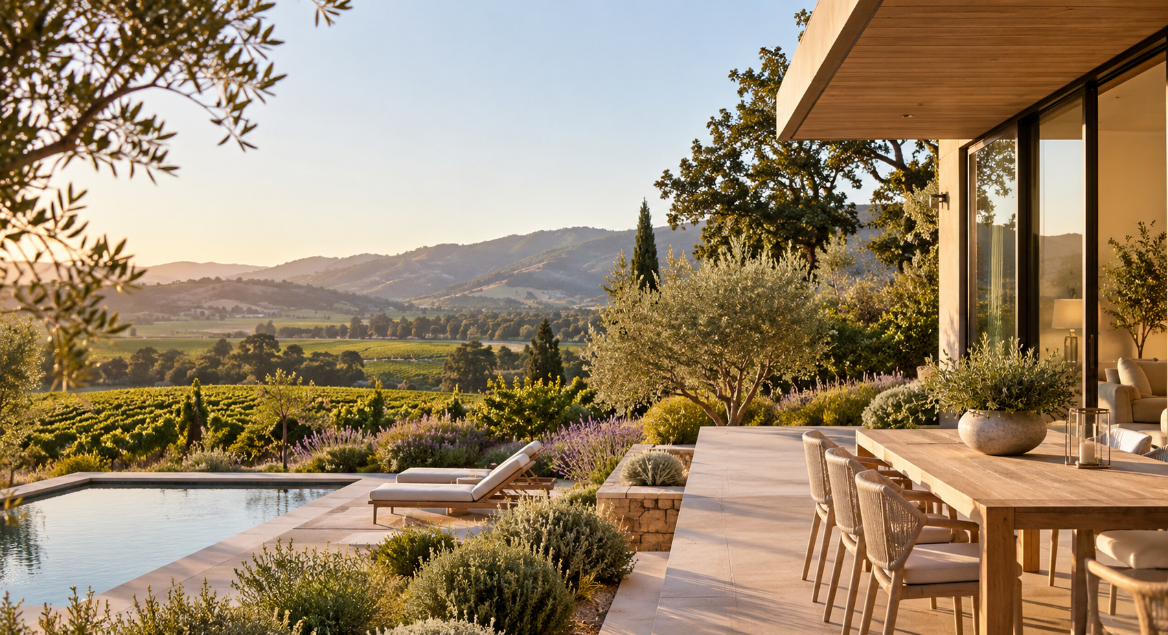 Illustrative Napa Valley modern residence with vineyard views and outdoor terrace