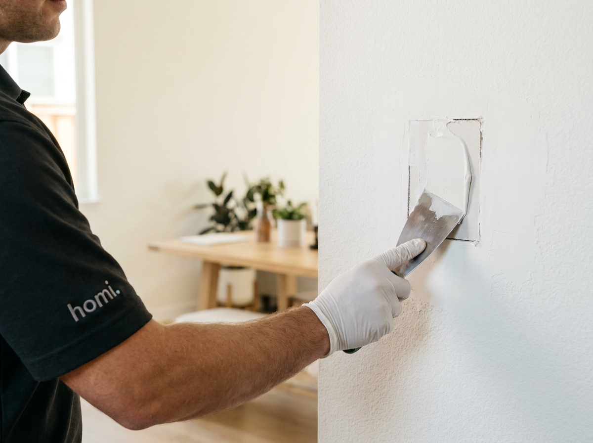 Close-up of a Homi handyman smoothing drywall compound with a putty knife
