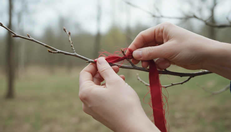 Close-up of two hands loosening a frayed red ribbon tied around a small branch.