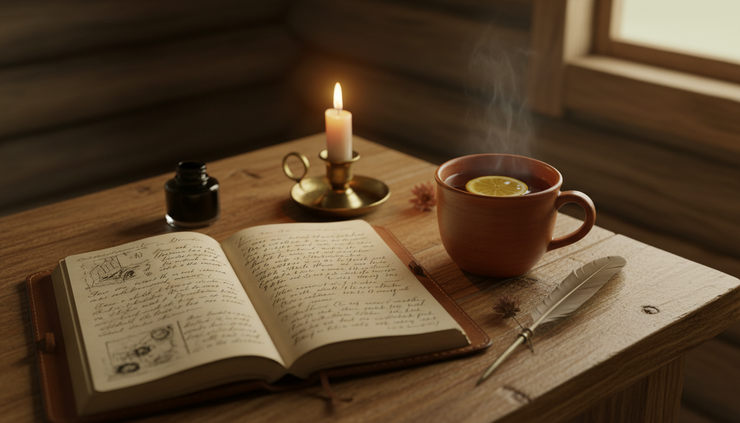 Overhead view of a journal, a mug of tea, and a single lit candle on a wooden table.