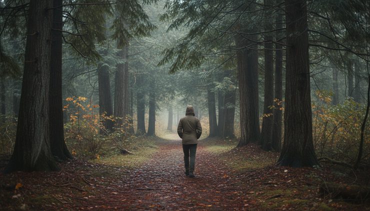 Wide-angle view of a person walking along a quiet forest path after rainfall.