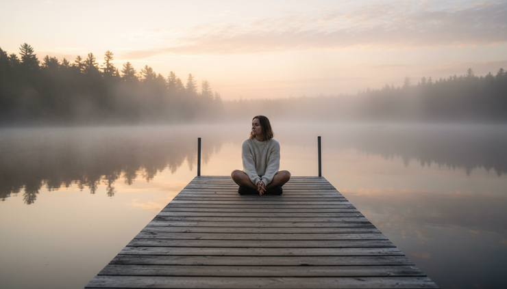 Eye-level view of a person sitting alone beside a misty lake at sunrise.