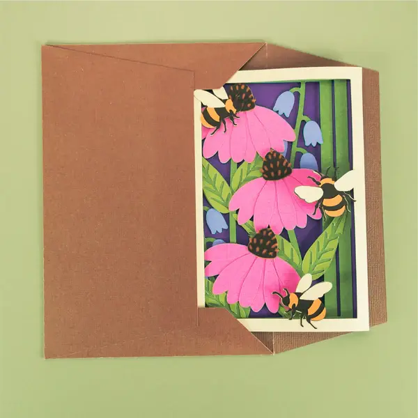 Thumbnail: 3D Pop-up Bumble Bees on Echinacea Flower Greeting Card w Envelope