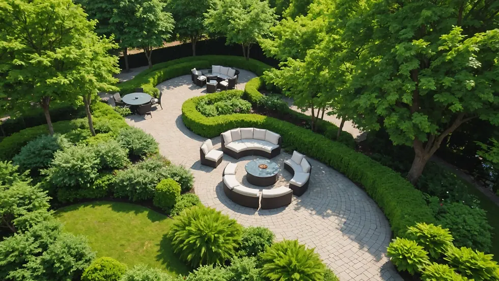 High angle view of a tranquil outdoor seating area surrounded by greenery