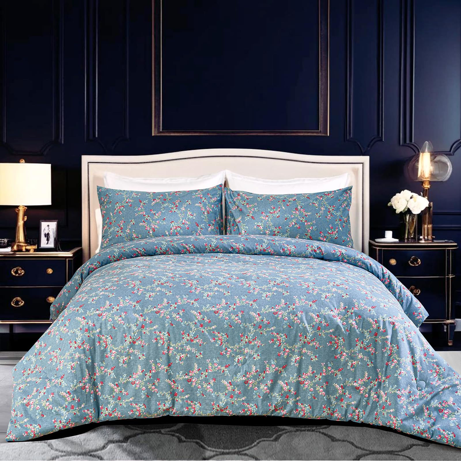 Cozaline Floral Comforter Set King Size 100% Cotton Comforter Pink Red Botanical