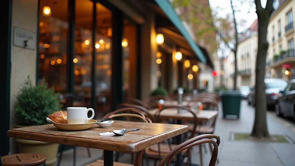 Eye-level view of a cozy French café with outdoor seating