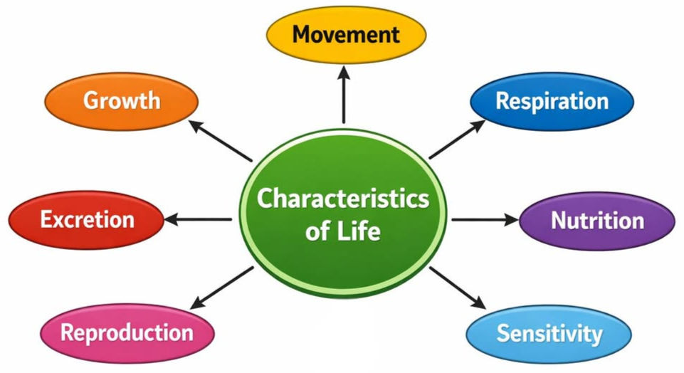 Characteristics of life as typically taught in high school biology classes.