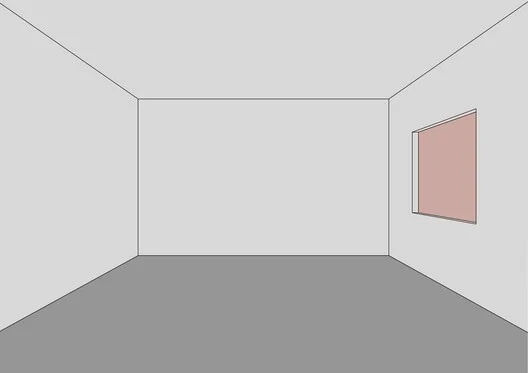 Minimalist room with gray walls and floor, featuring one window with pink tint on the right wall. The room is empty and calm. All wall color is white