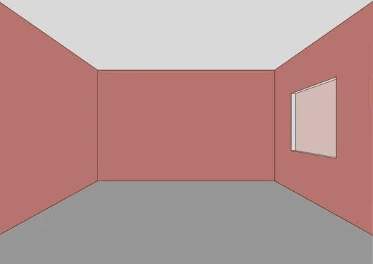 Empty room with red walls, gray floor, and a window on the right wall. The room is minimalist with no furniture or decorations.
