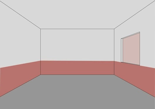 Empty room with gray floor, white walls, and pink lower wall panels. A window is on the right wall, creating a minimalist appearance.