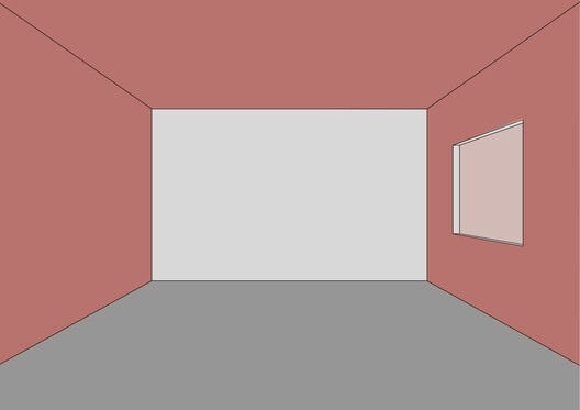 Simple room with salmon walls, gray floor, and a window on the right wall. The white back wall adds a minimalist feel. No text visible.