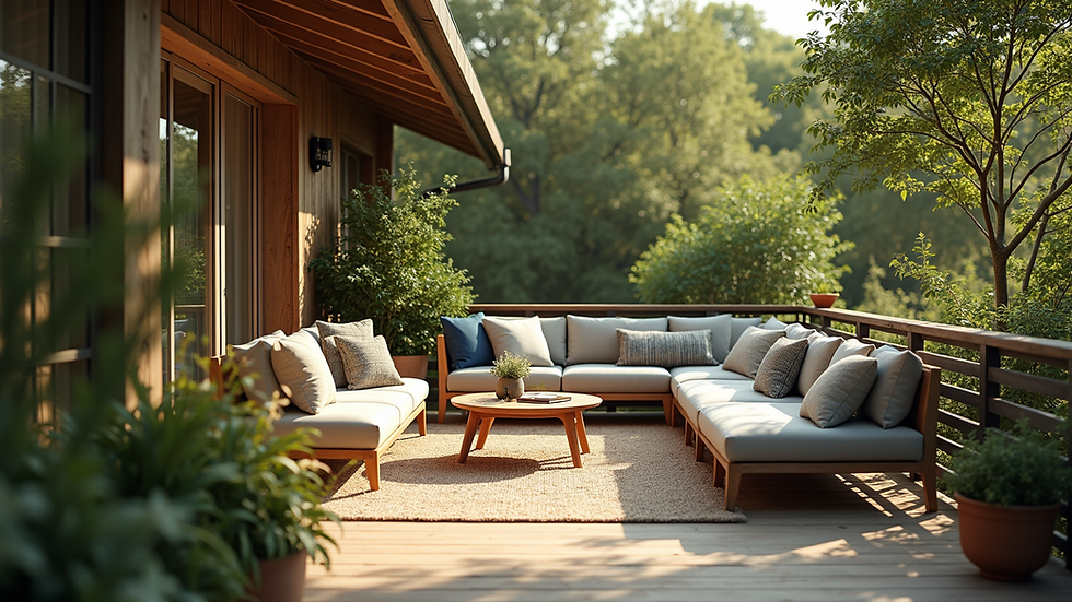 Eye-level view of a cozy outdoor deck with comfortable seating and greenery