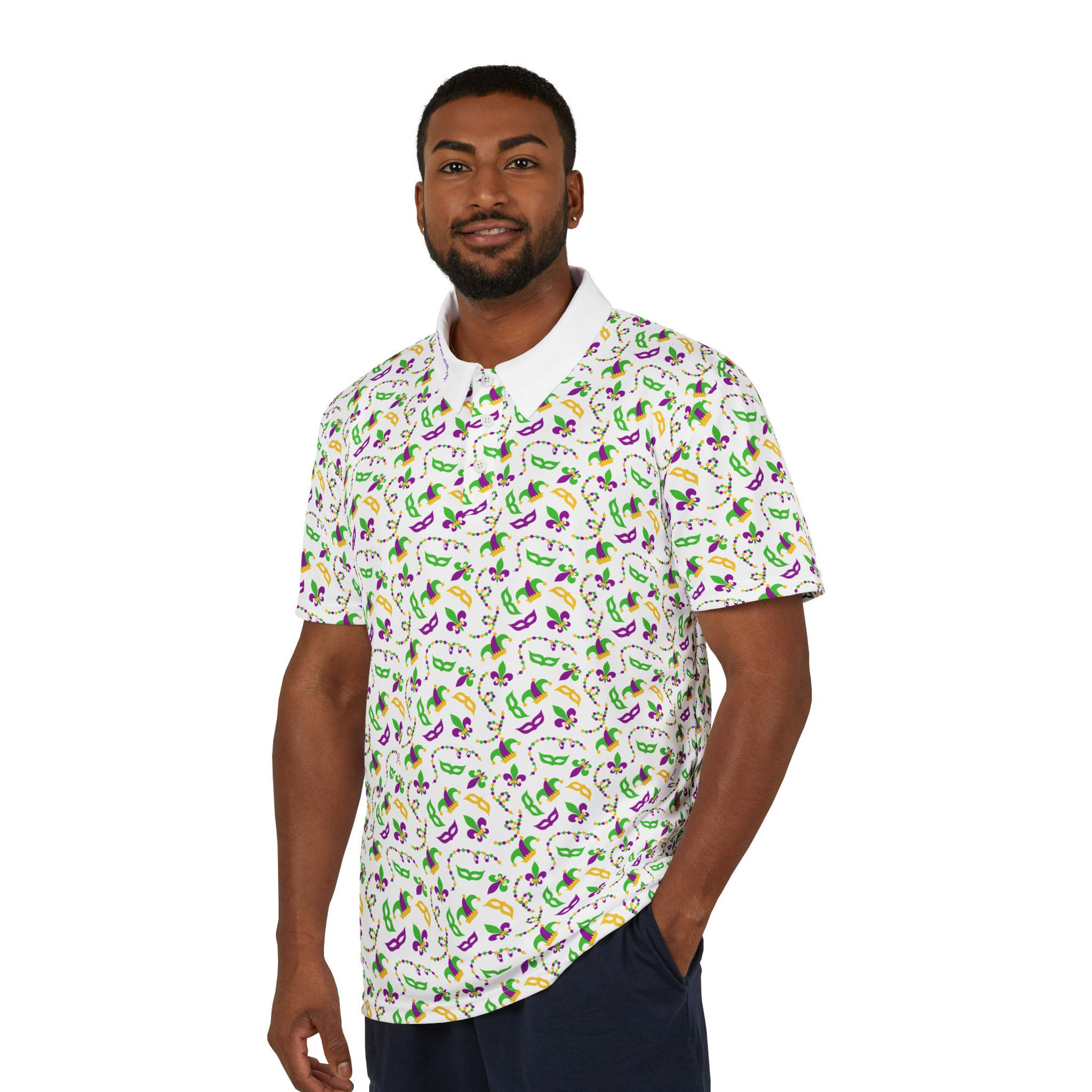Mardi Gras Fleur-de-Lis Polo Shirt – All-Over Purple & Green Celebration Print