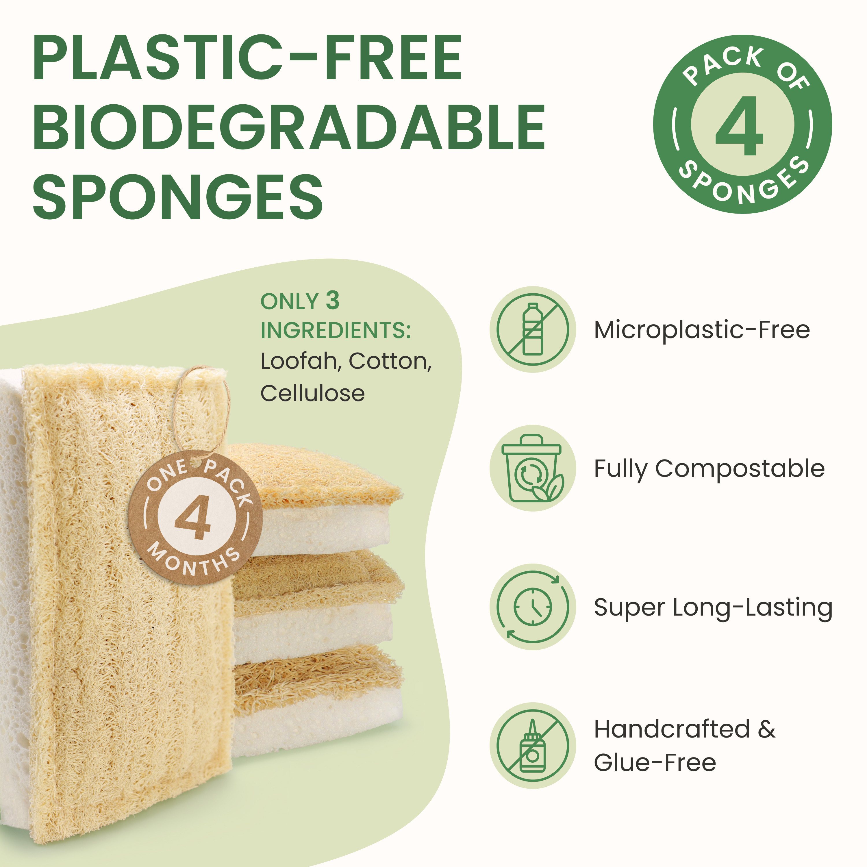 Plastic-Free Biodegradable Sponges – 4 Pack