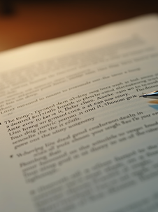 Open book with blurred text, a pen rests on a page under warm lighting. The setting suggests a calm reading or study atmosphere.