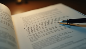 Open book with blurred text, a pen rests on a page under warm lighting. The setting suggests a calm reading or study atmosphere.