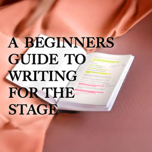 Open book on a peach fabric with highlighted text. Title: "A Beginner's Guide to Writing for the Stage." Calm and educational mood.