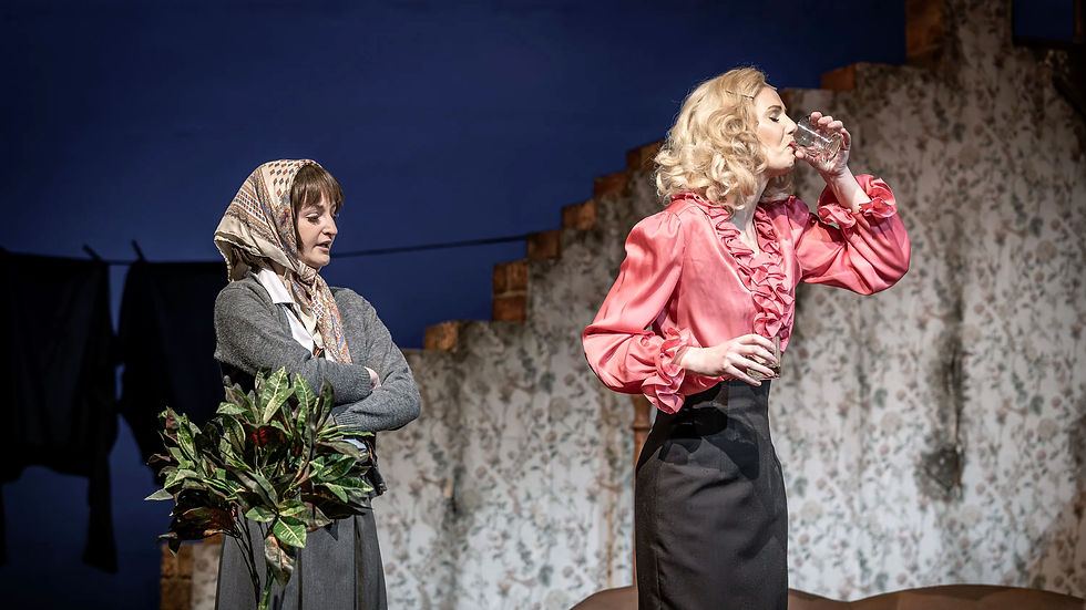 Two women in a room; one in a pink blouse drinks from a glass, the other with a headscarf next to a plant, standing near floral wallpaper.