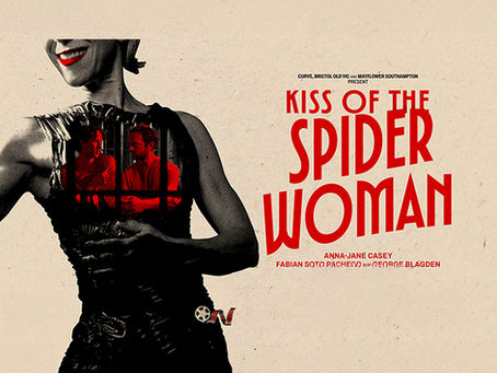 Poster of "Kiss of the Spider Woman" with red text. A woman with red lips, two men visible in her dress silhouette. Vintage style.