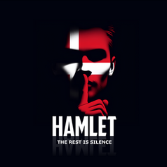 Face in the Denmark flag colours, with a finger to the lips in a silent gesture. Text: "HAMLET THE REST IS SILENCE" on black background. Eerie mood.