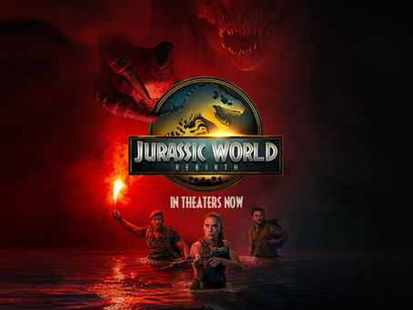 Three people wade through water; one holds a flare. A dinosaur looms above. "Jurassic World: Rebirth" text. Intense red lighting.